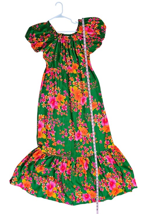 Vintage Pomare Tahiti Hawaiian Maxi Dress Green Hibiscus Puff Sleeve S/M 60s 70s - Picture 6 of 6